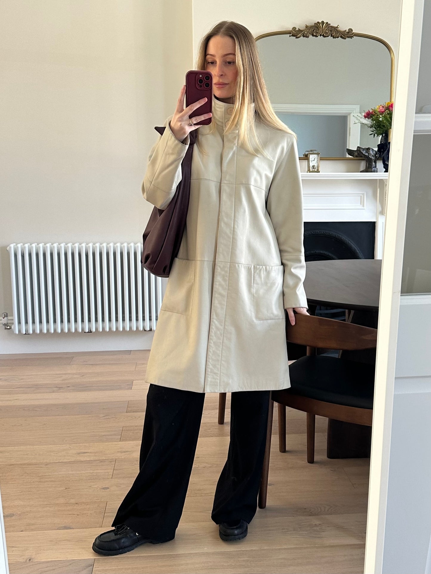 Vintage cream leather trench coat