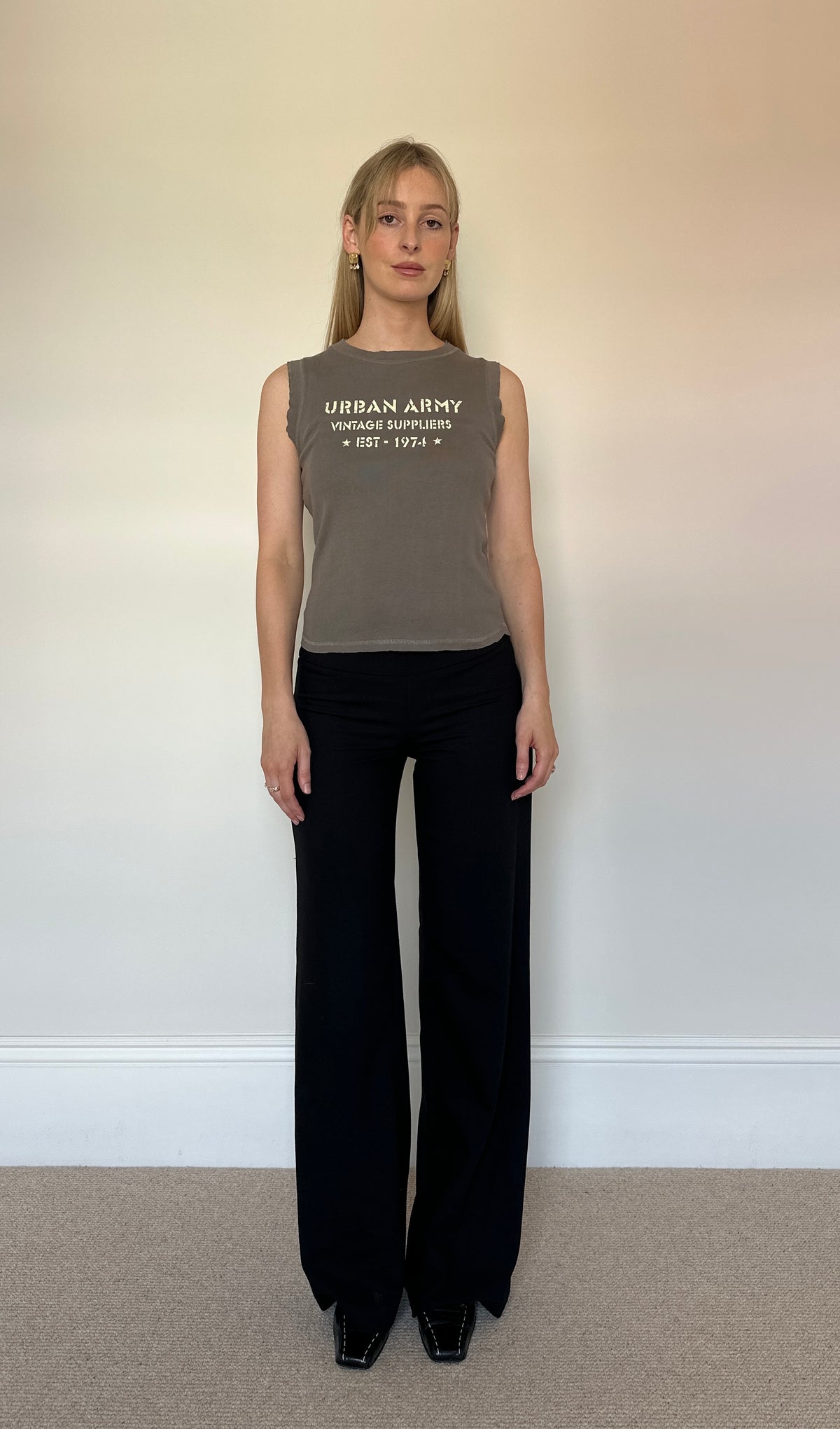 Vintage  Khaki Slogan Sleeveless Top