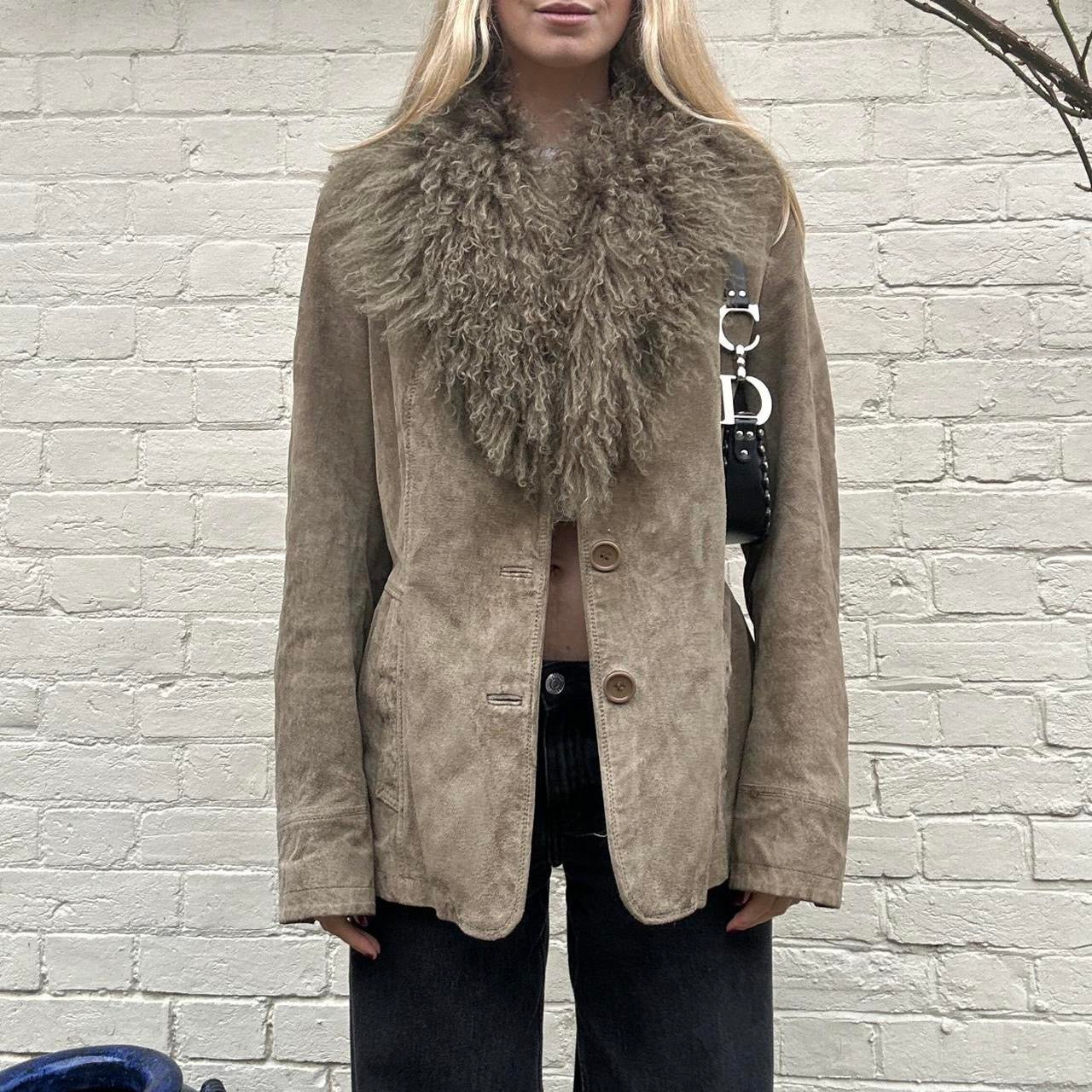 Vintage khaki Mongolian fur & genuine suede jacket