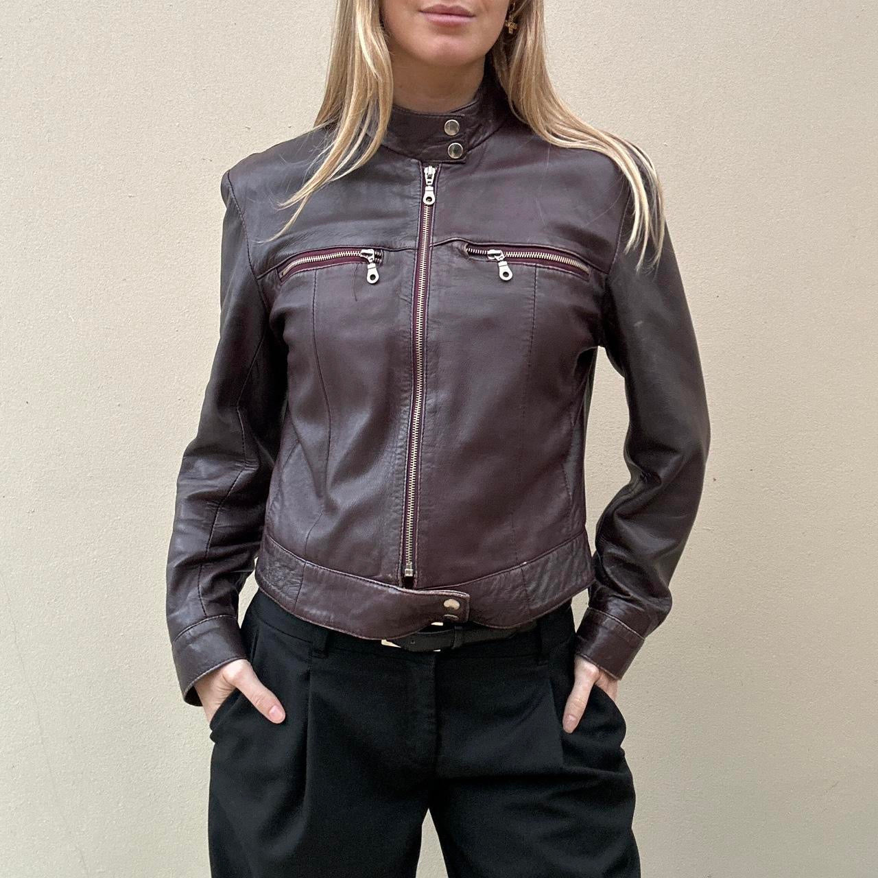 Vintage burgundy leather biker jacket