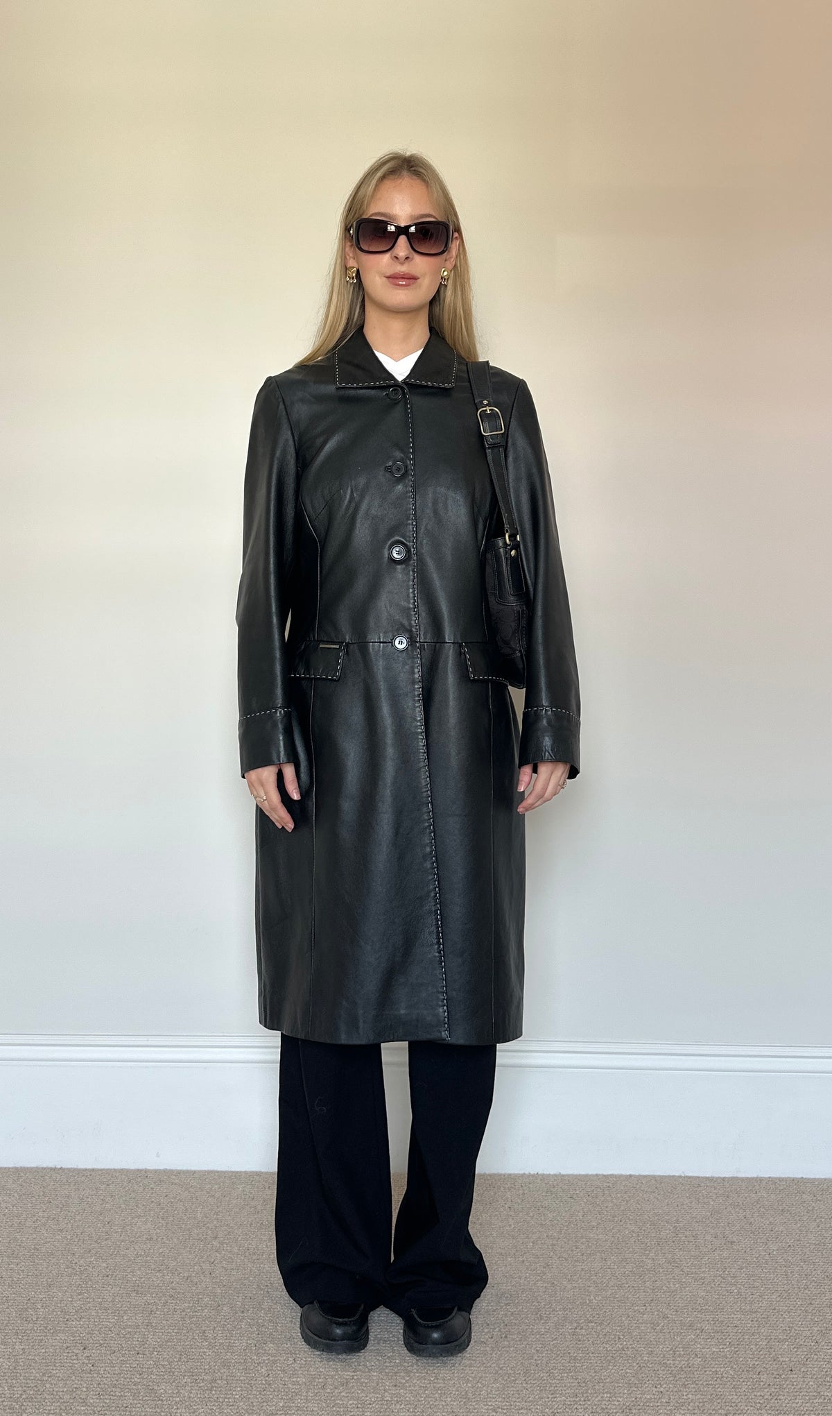 Vintage contrast stitch leather trench coat