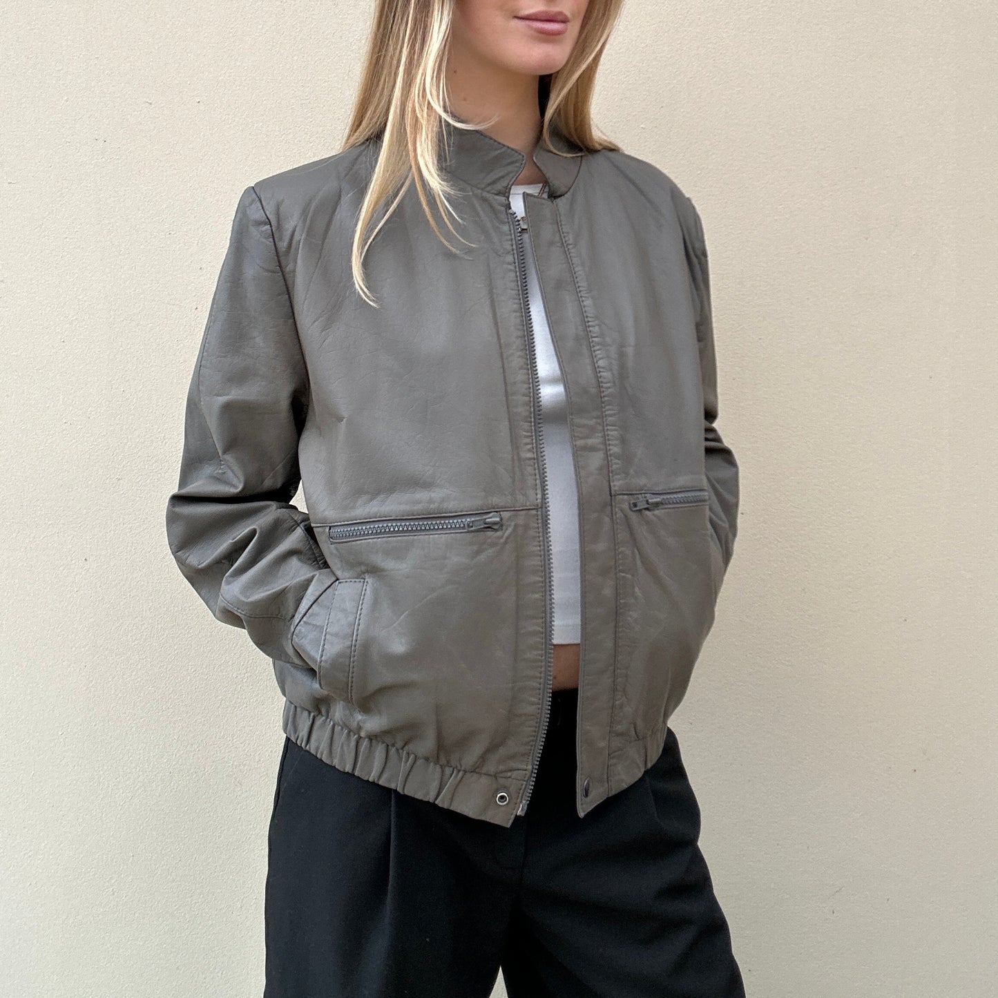 Vintage grey leather bomber jacket