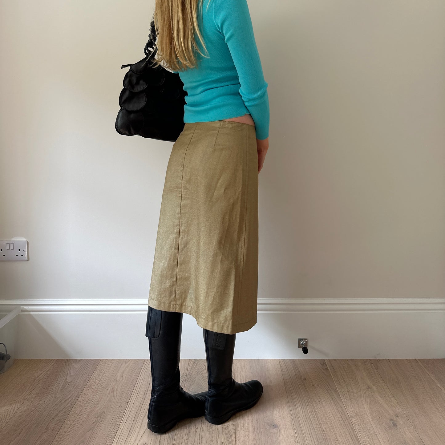 Vintage gold denim midi skirt