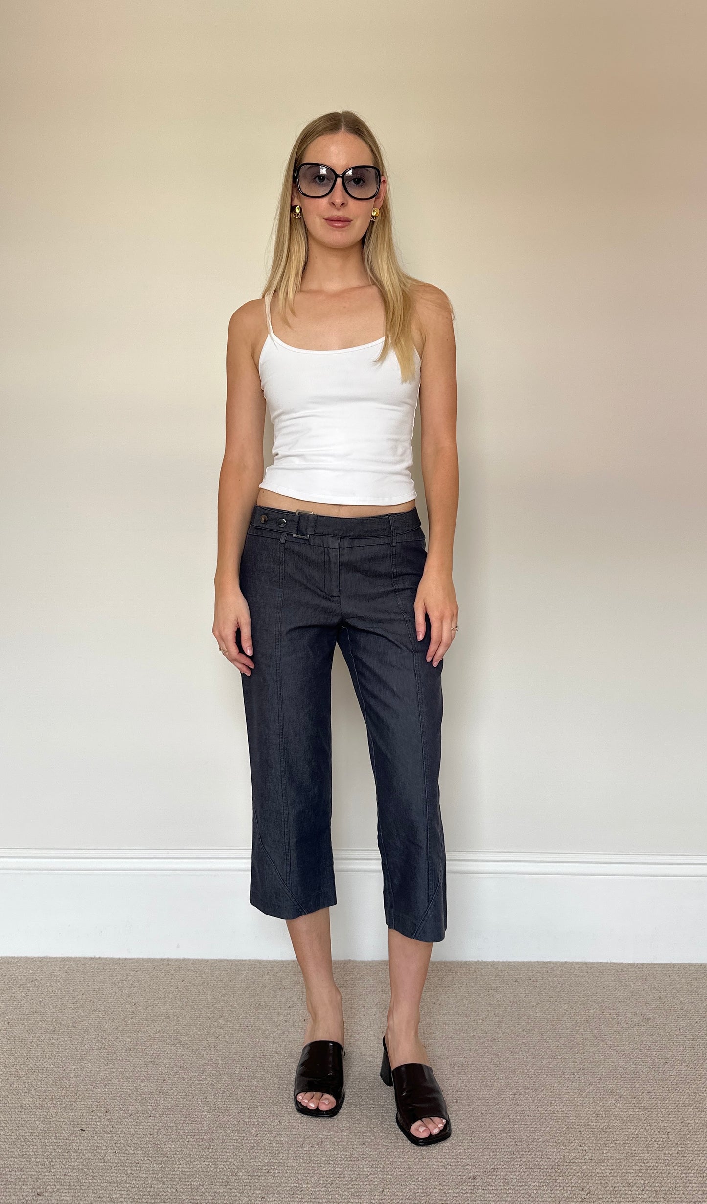 Vintage denim buckle capris