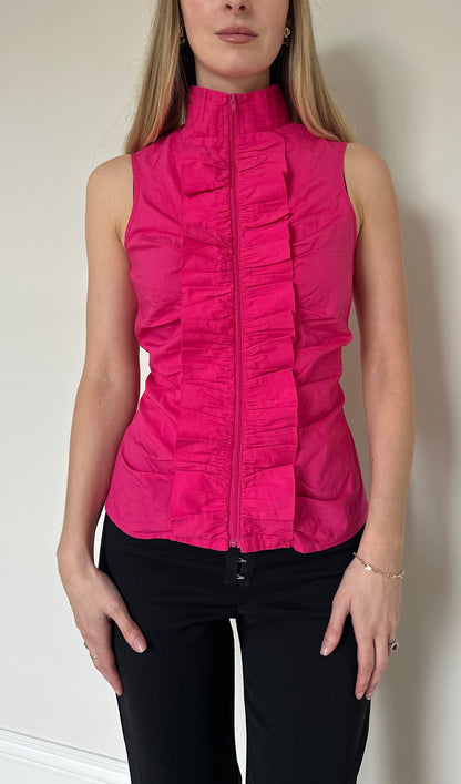 Vintage neon pink zip ruffle top