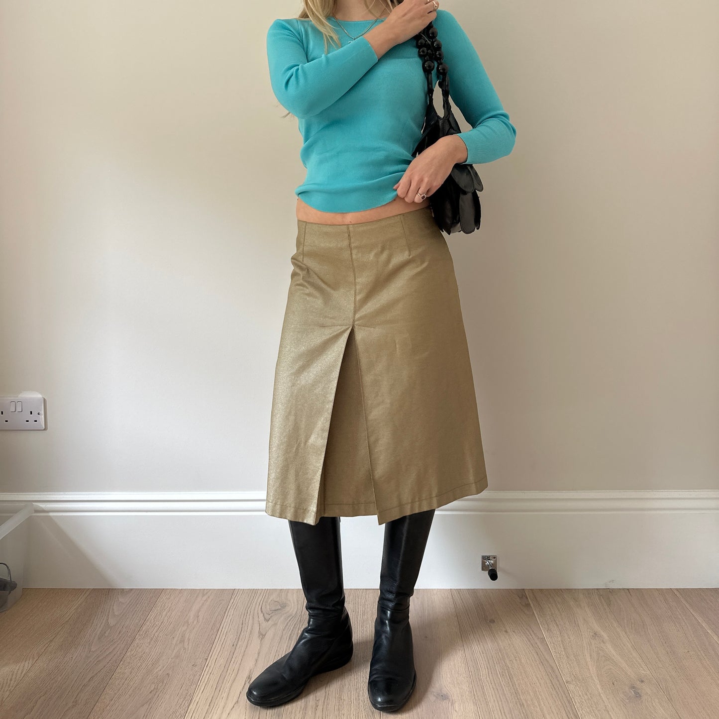 Vintage gold denim midi skirt