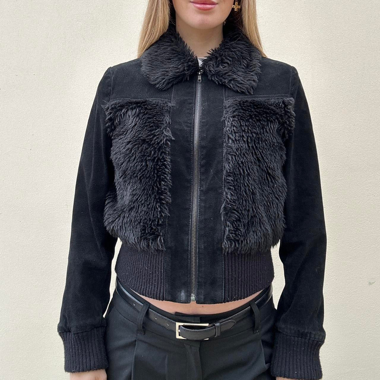 Vintage 00s black suede & fur bomber