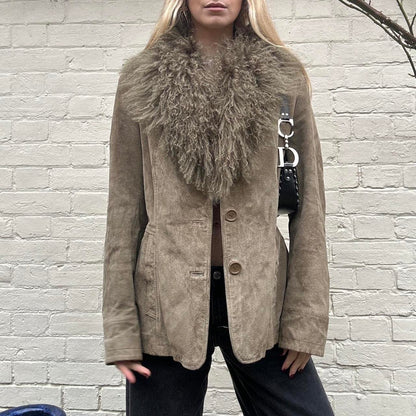 Vintage khaki Mongolian fur & genuine suede jacket