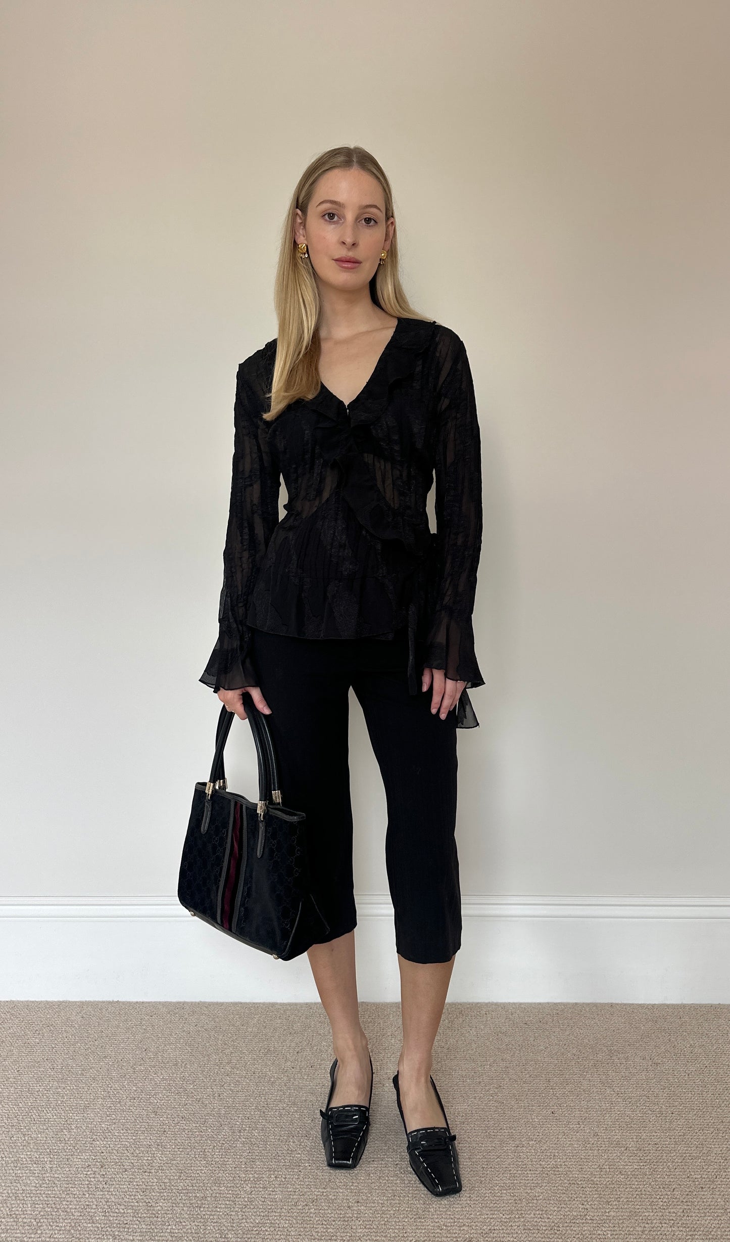 Vintage 90s Black Ruffle Blouse