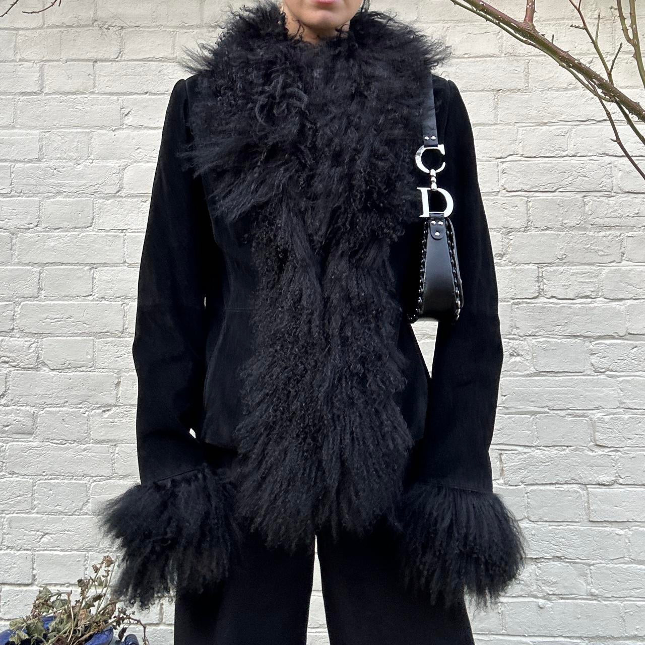 Vintage suede & mongolian fur black afghan jacket
