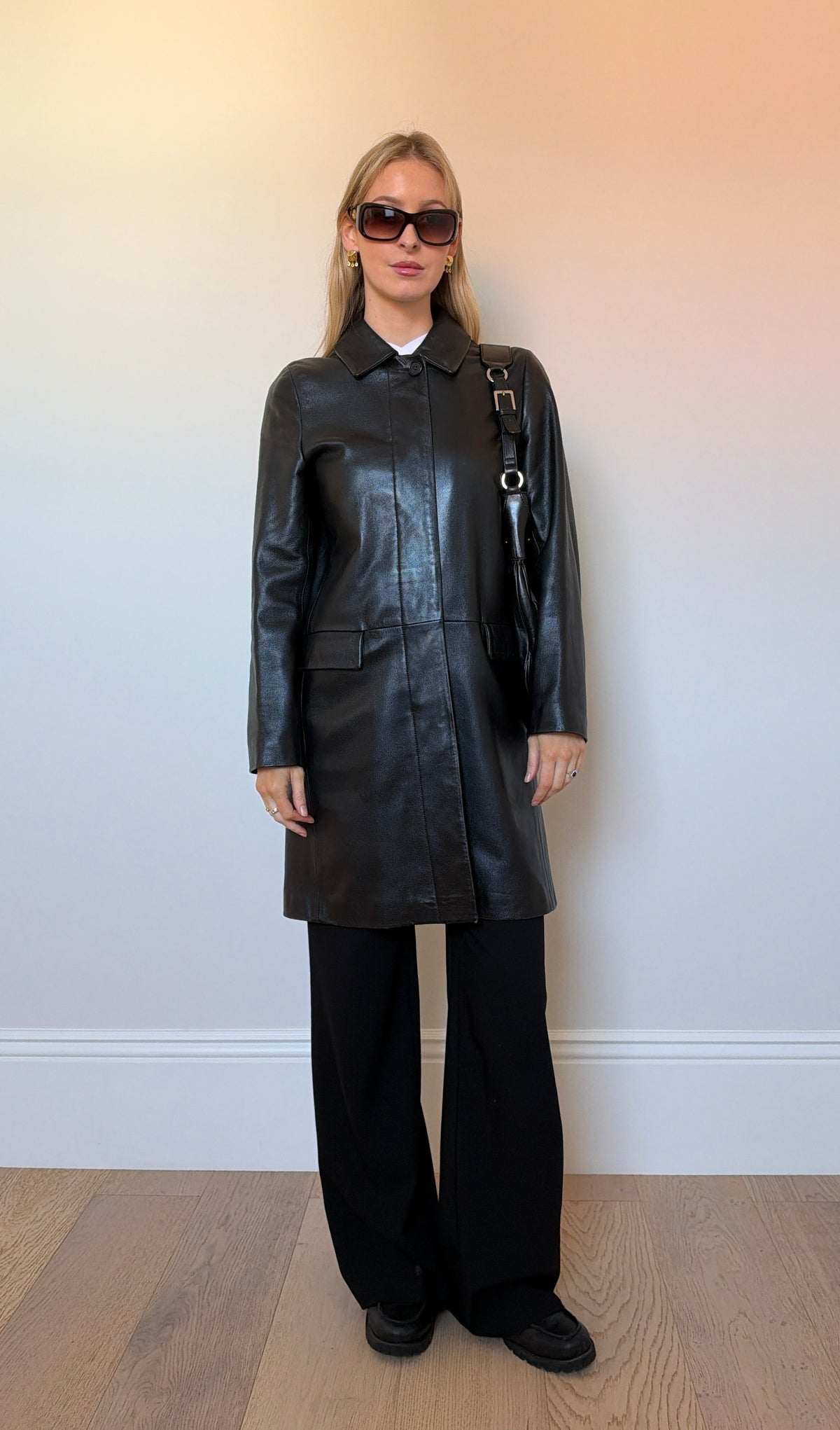 Vintage black leather trench coat