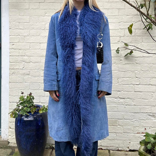 Vintage 00s cobalt blue Mongolian fur & genuine suede coat