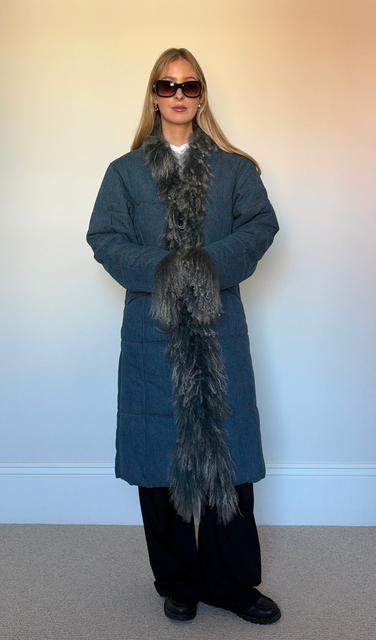 Vintage denim mongolian fur puffer coat