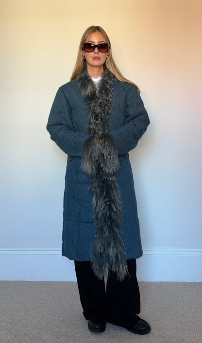 Vintage denim mongolian fur puffer coat