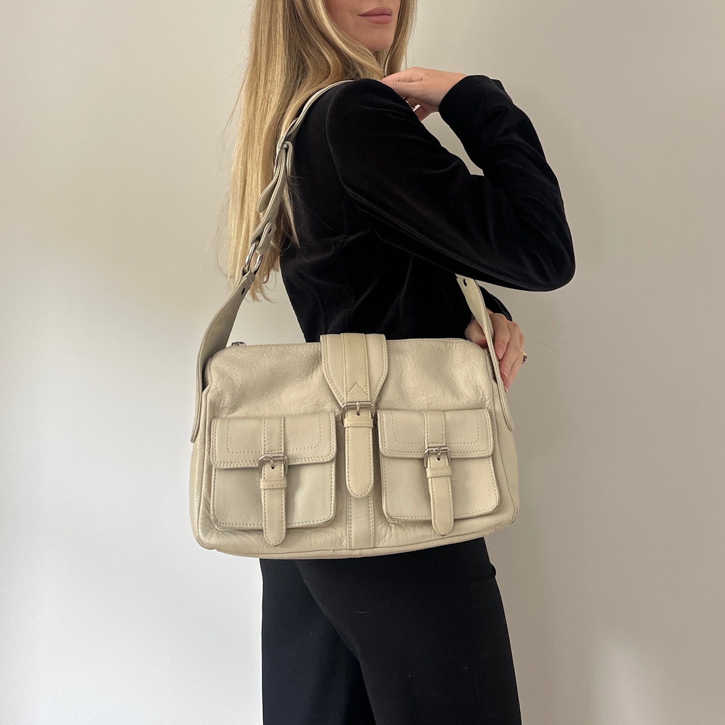 Vintage cream leather satchel bag