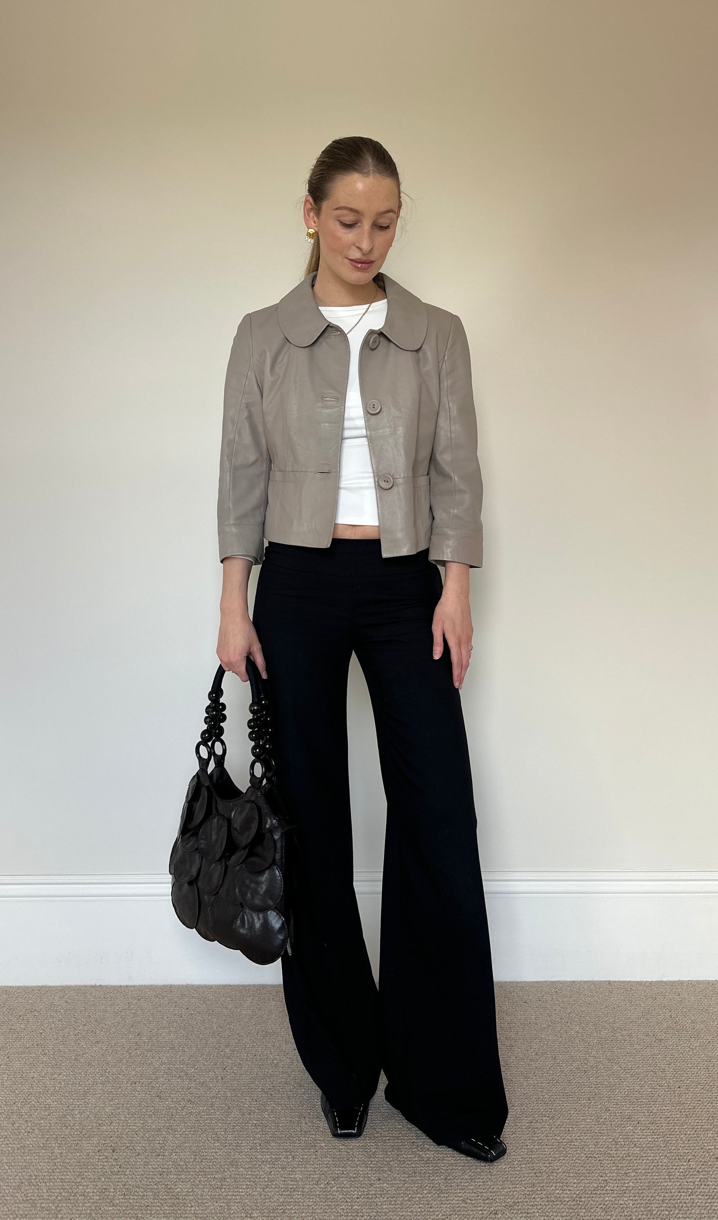 Vintage grey real leather pea coat