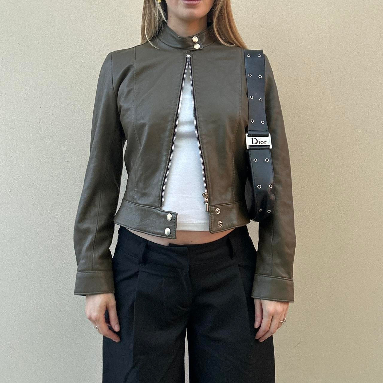 Vintage khaki leather biker jacket
