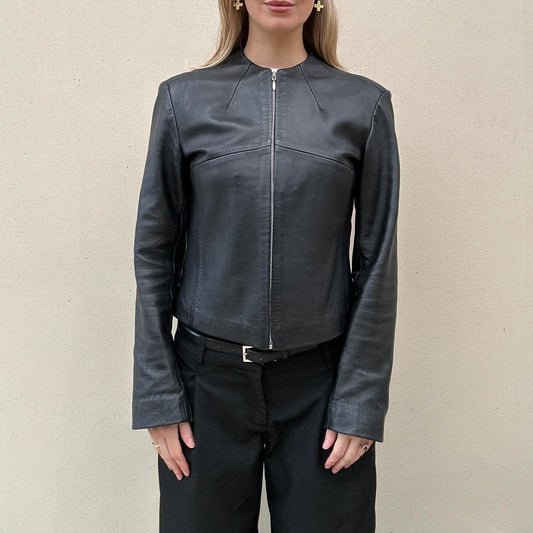 Vintage black collarless leather jacket