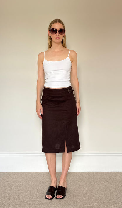 Vintage brown linen buckle midi skirt