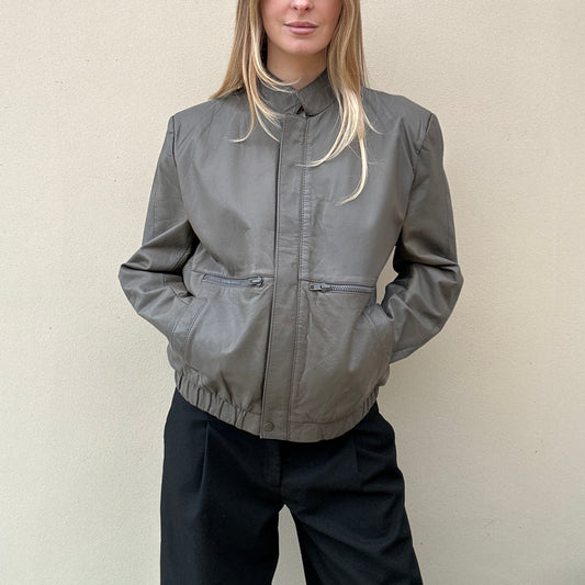 Vintage grey leather bomber jacket