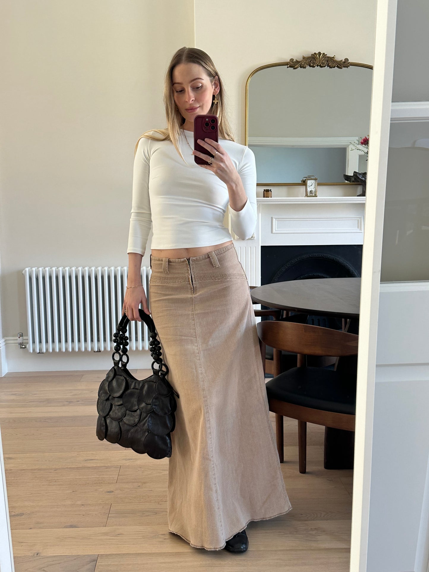 Vintage sand denim maxi skirt