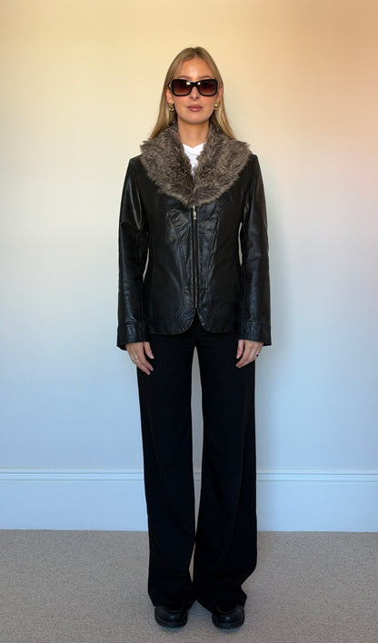 Vintage leather & fur collar jacket