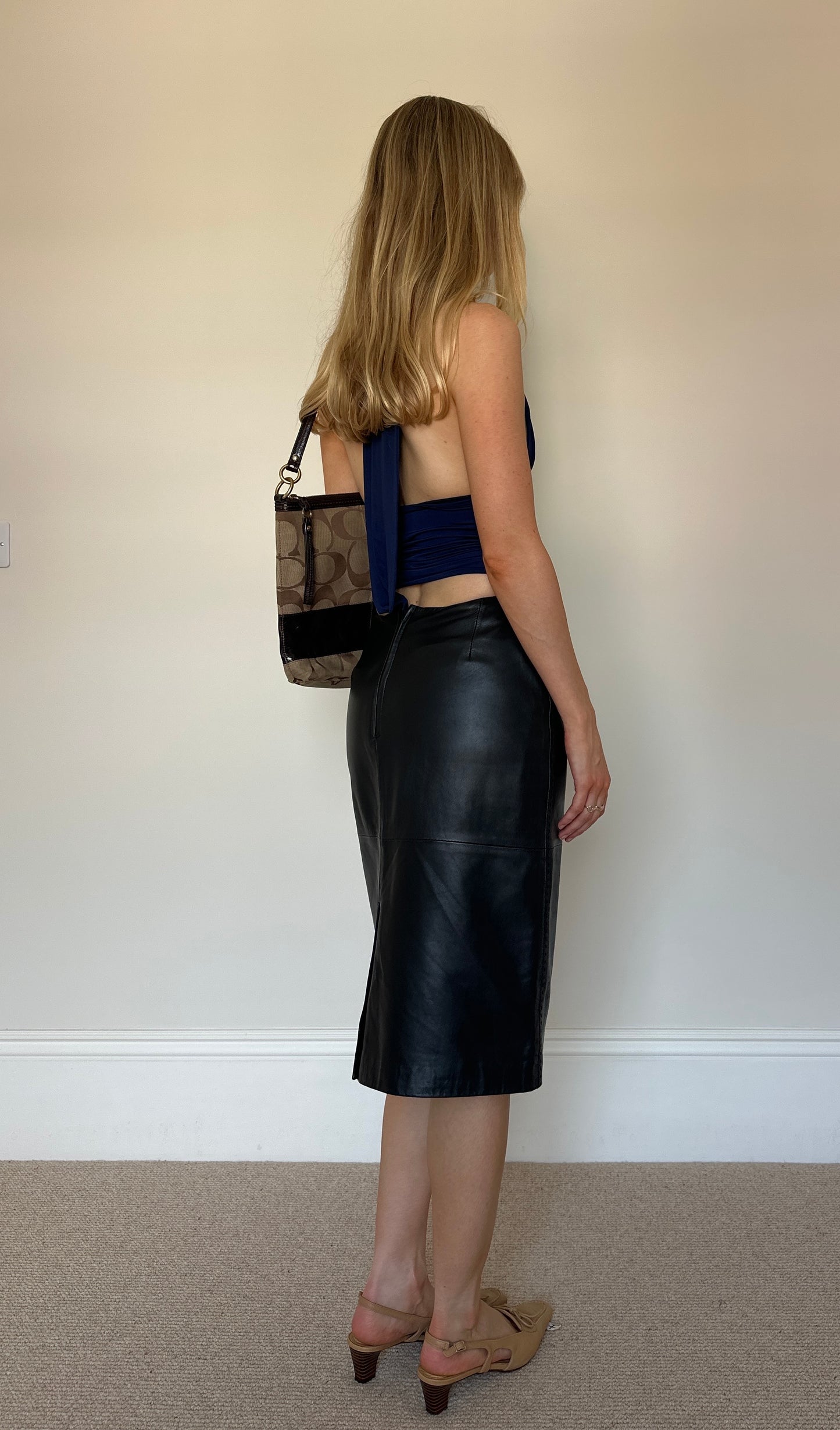 Vintage black real leather midi skirt
