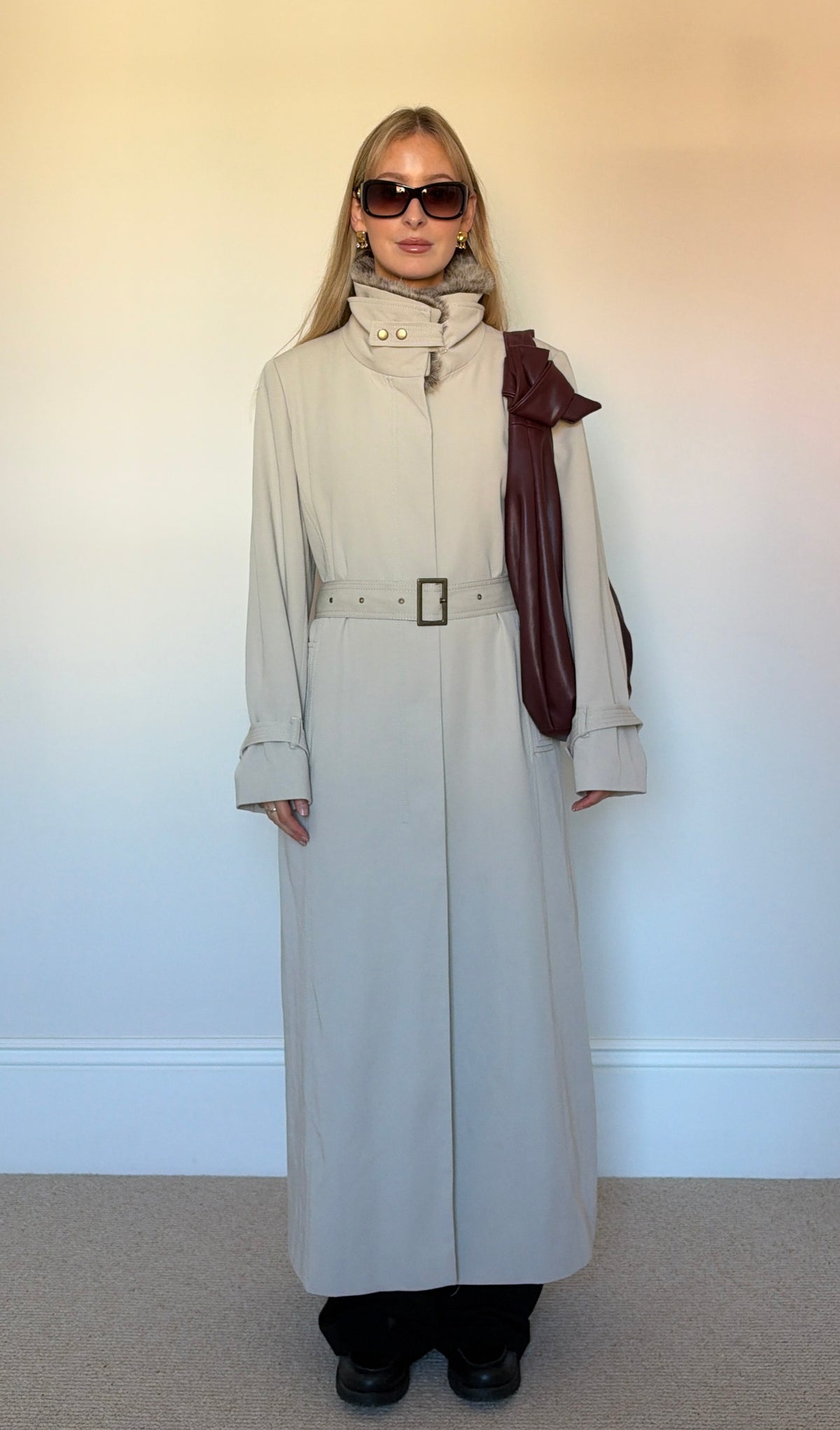 Vintage full length trench coat with fur collar