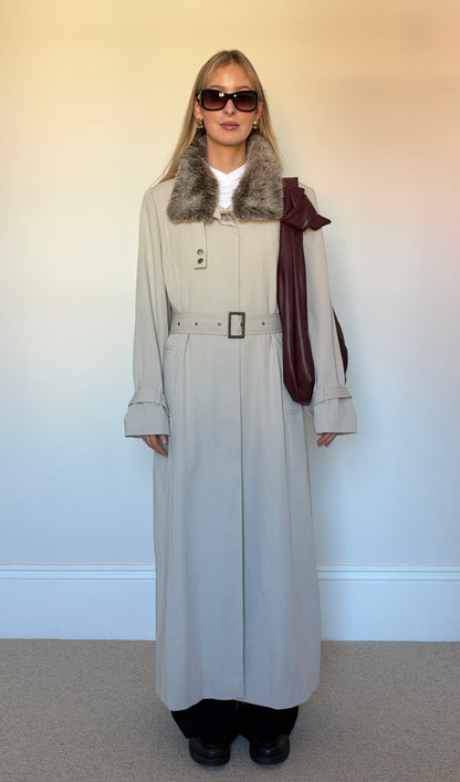 Vintage full length trench coat with fur collar