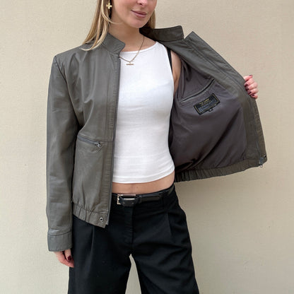 Vintage grey leather bomber jacket