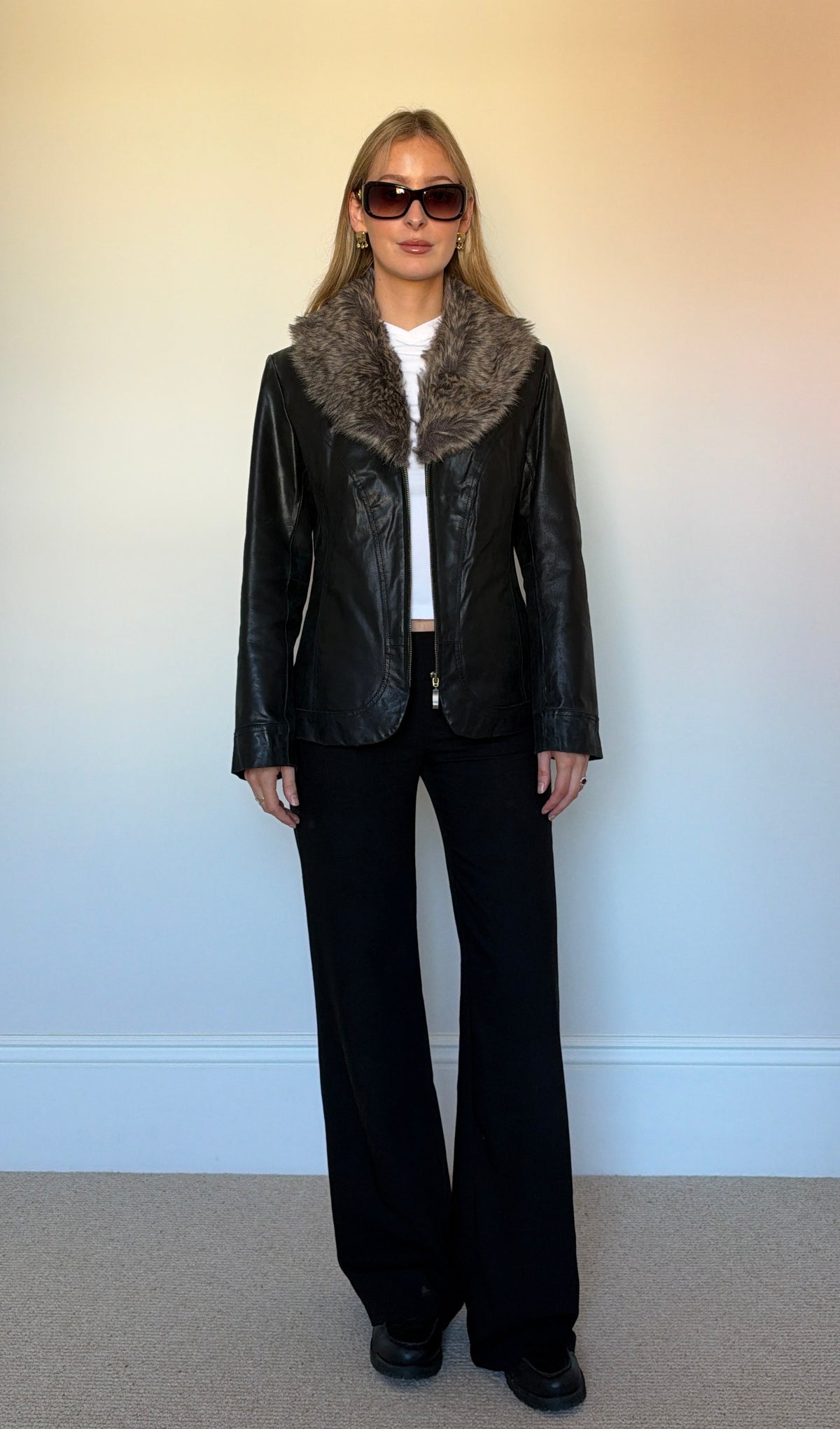 Vintage leather & fur collar jacket