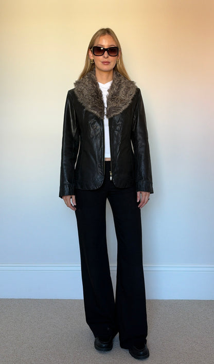 Vintage leather & fur collar jacket