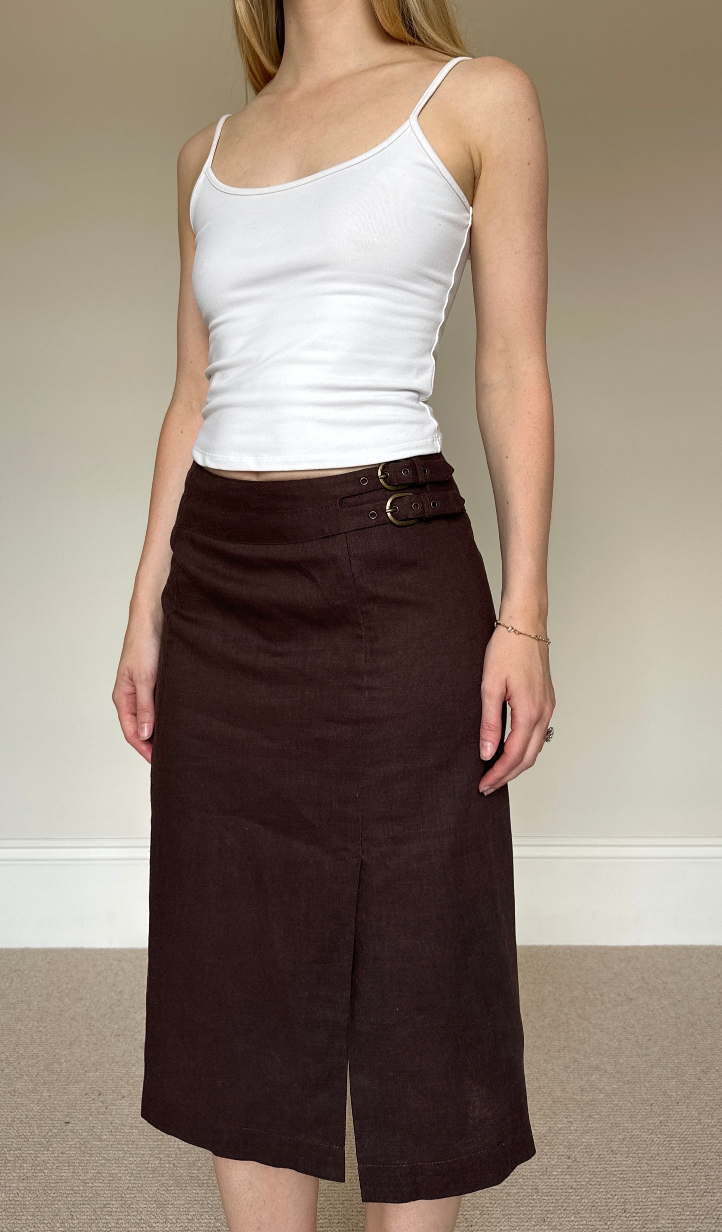 Vintage brown linen buckle midi skirt