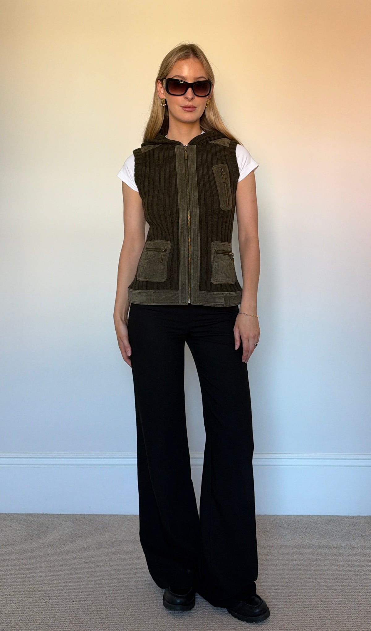 Vintage knit & suede sleeveless jumper