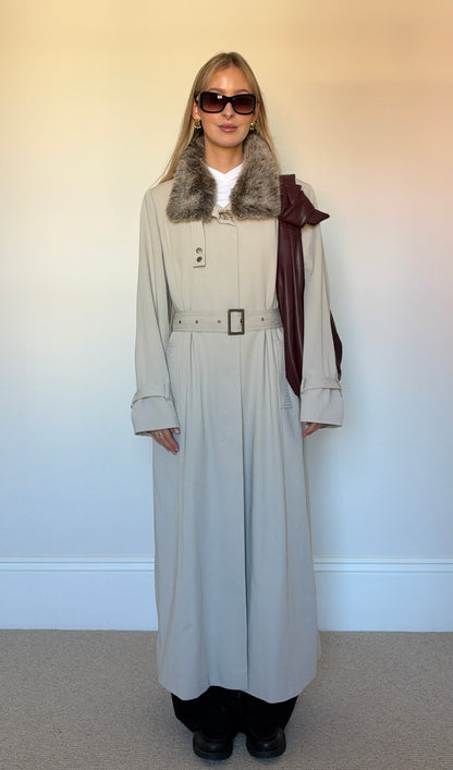 Vintage full length trench coat with fur collar