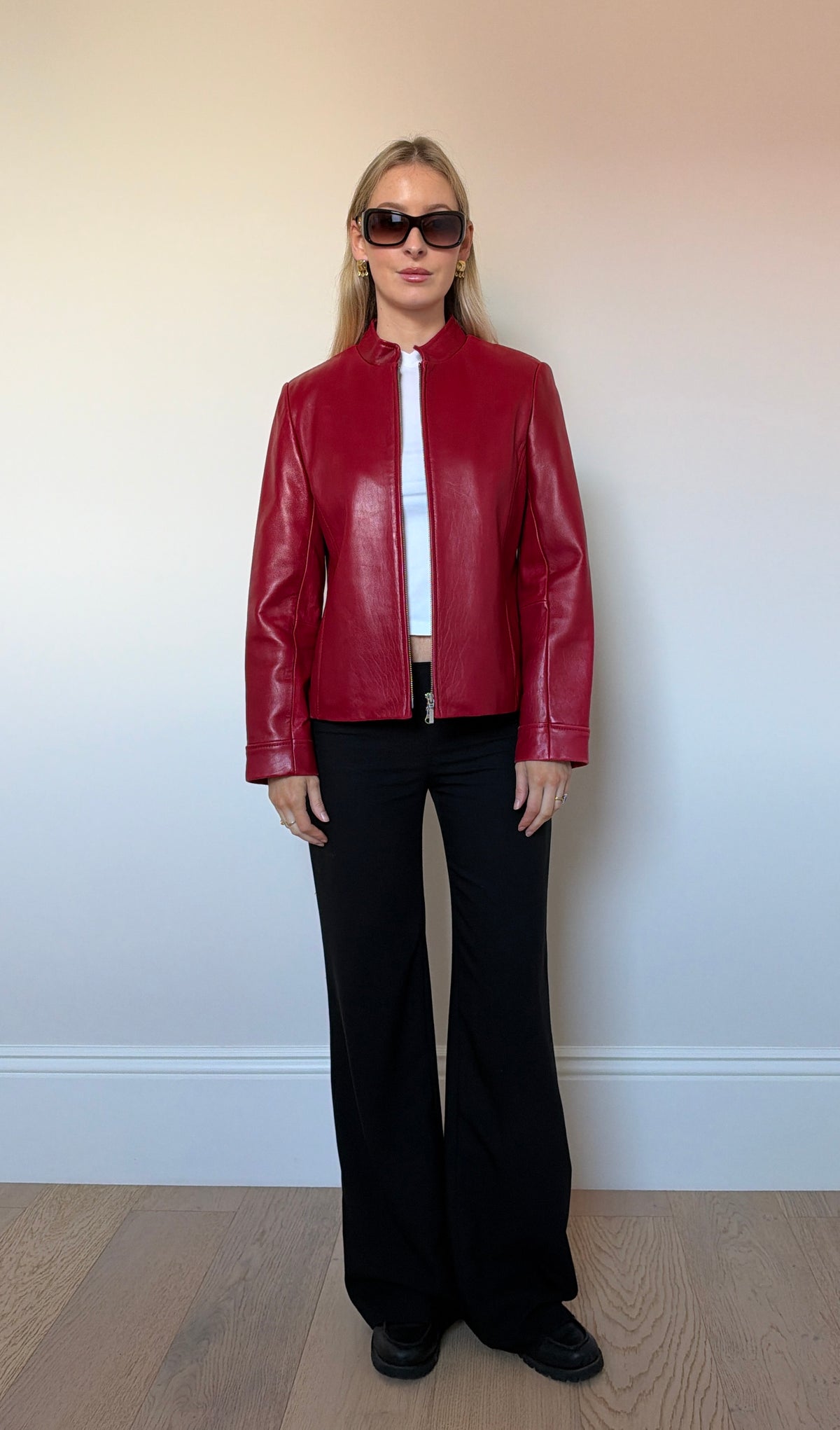 Vintage red leather double zip jacket
