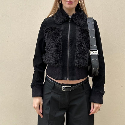 Vintage 00s black suede & fur bomber