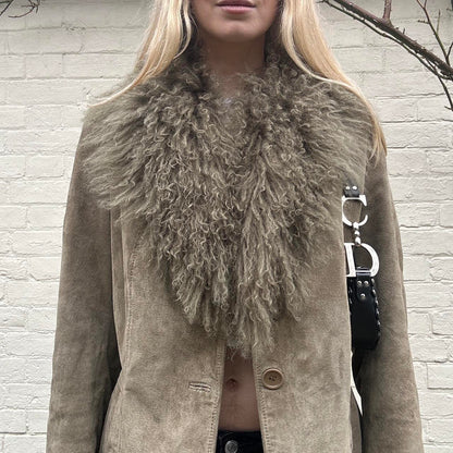 Vintage khaki Mongolian fur & genuine suede jacket