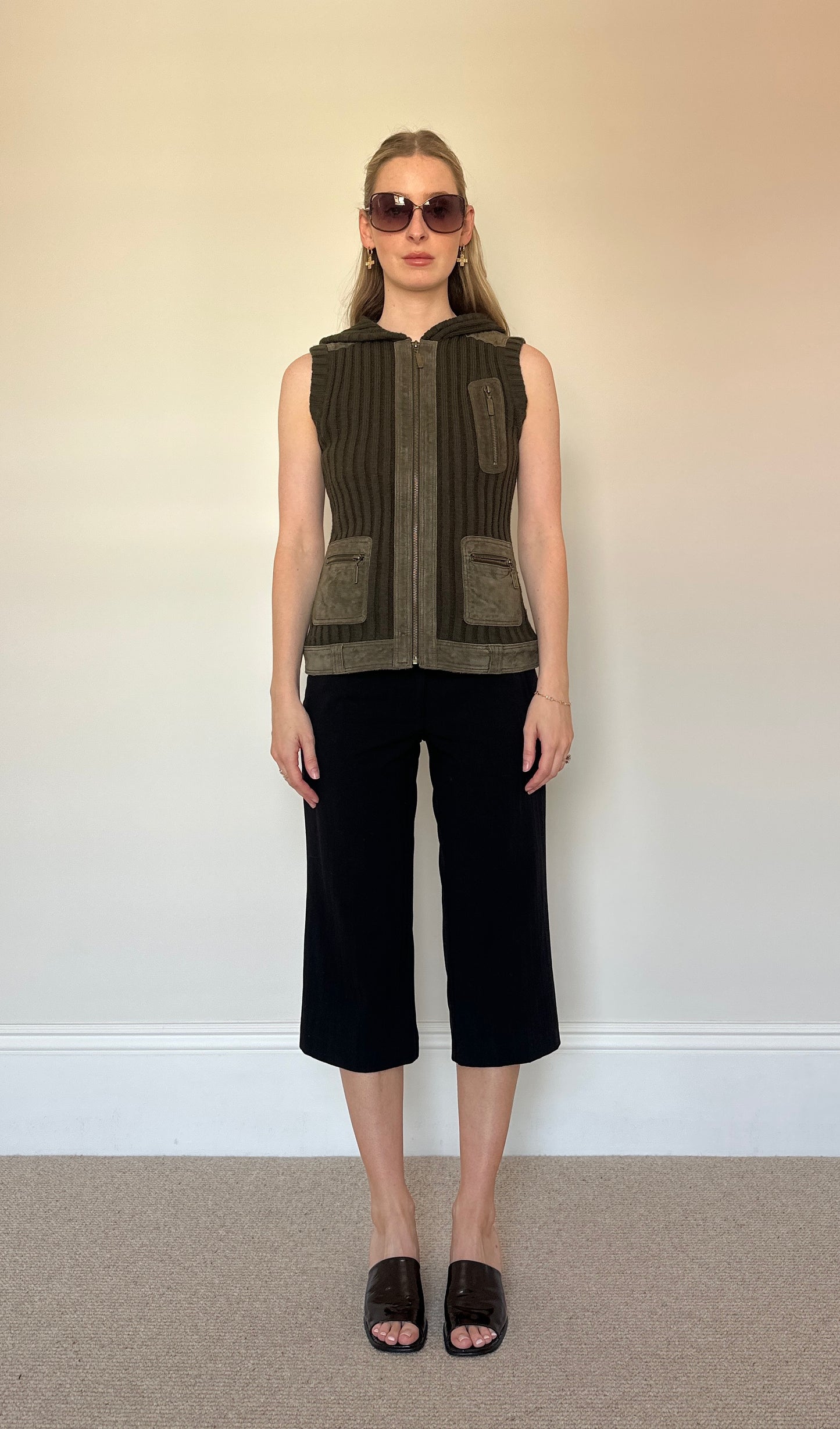 Vintage knit & suede sleeveless jumper