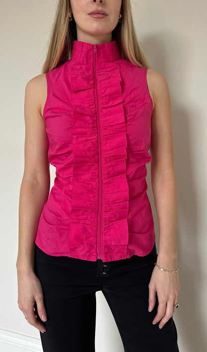 Vintage neon pink zip ruffle top