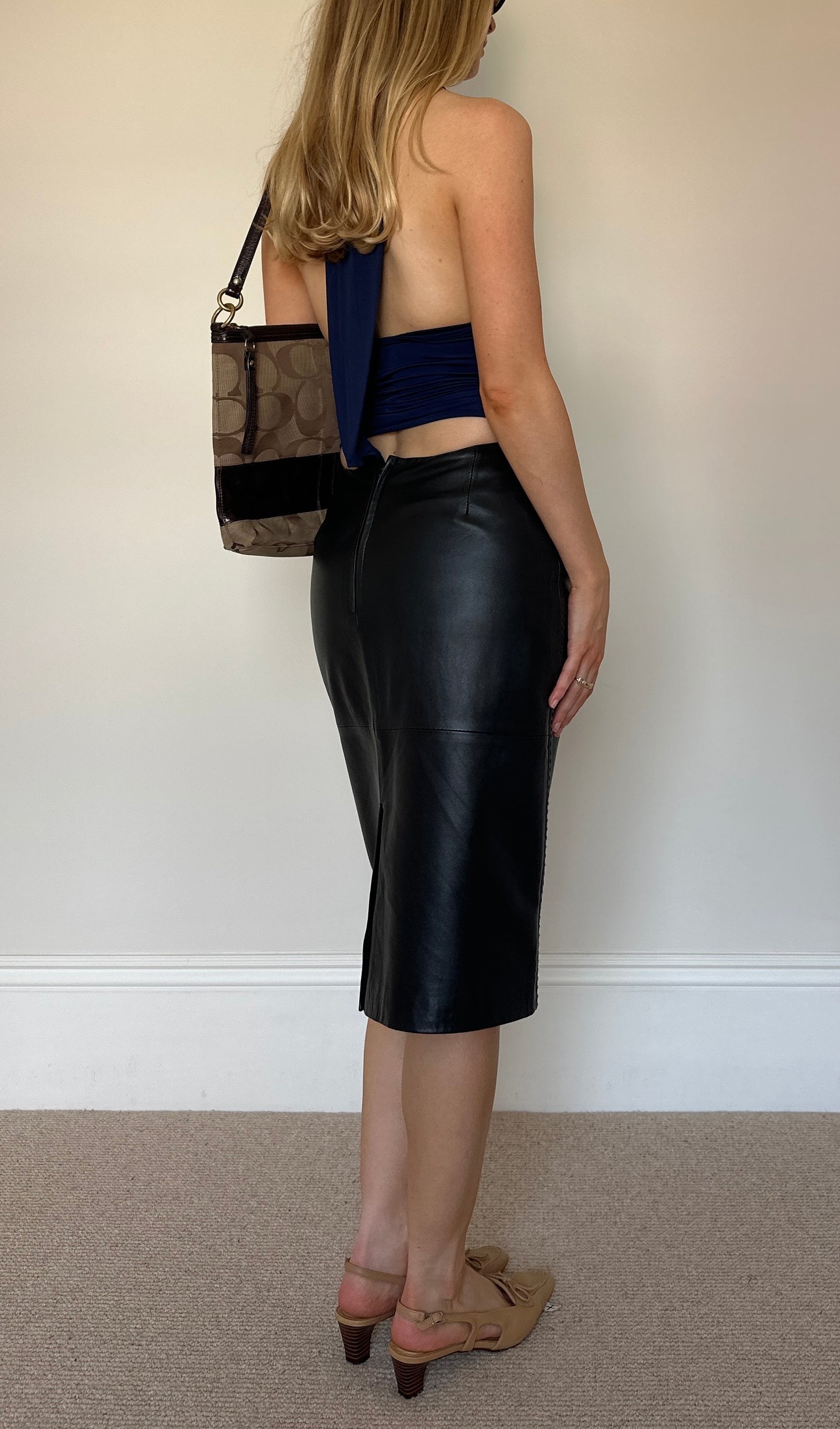 Vintage black real leather midi skirt