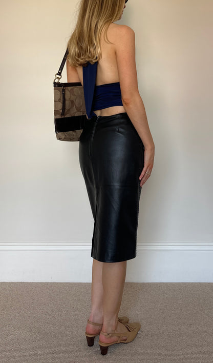Vintage black real leather midi skirt