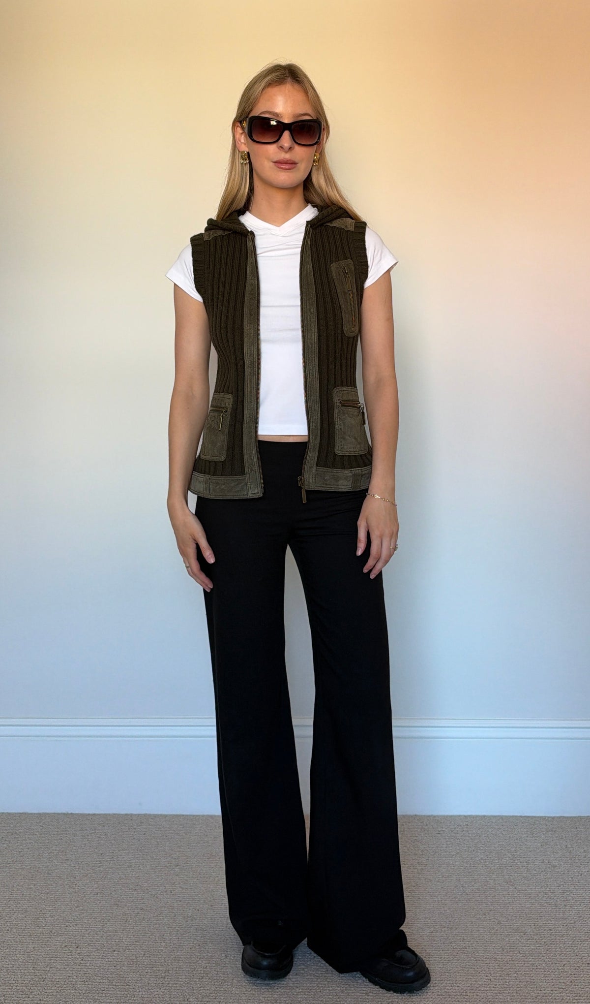 Vintage knit & suede sleeveless jumper