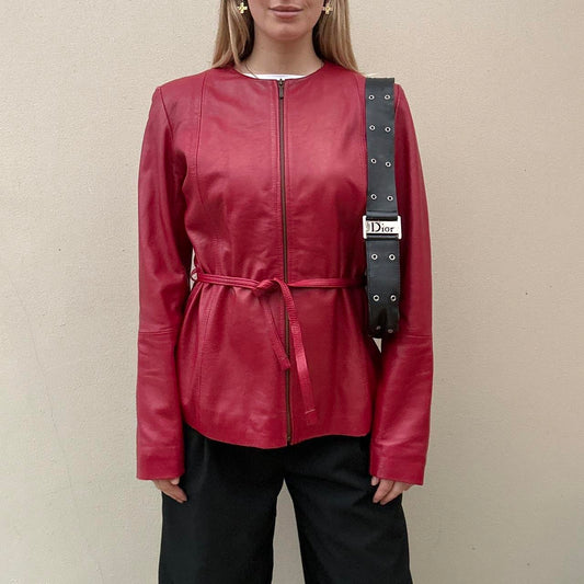 Vintage 90s red collarless leather jacket