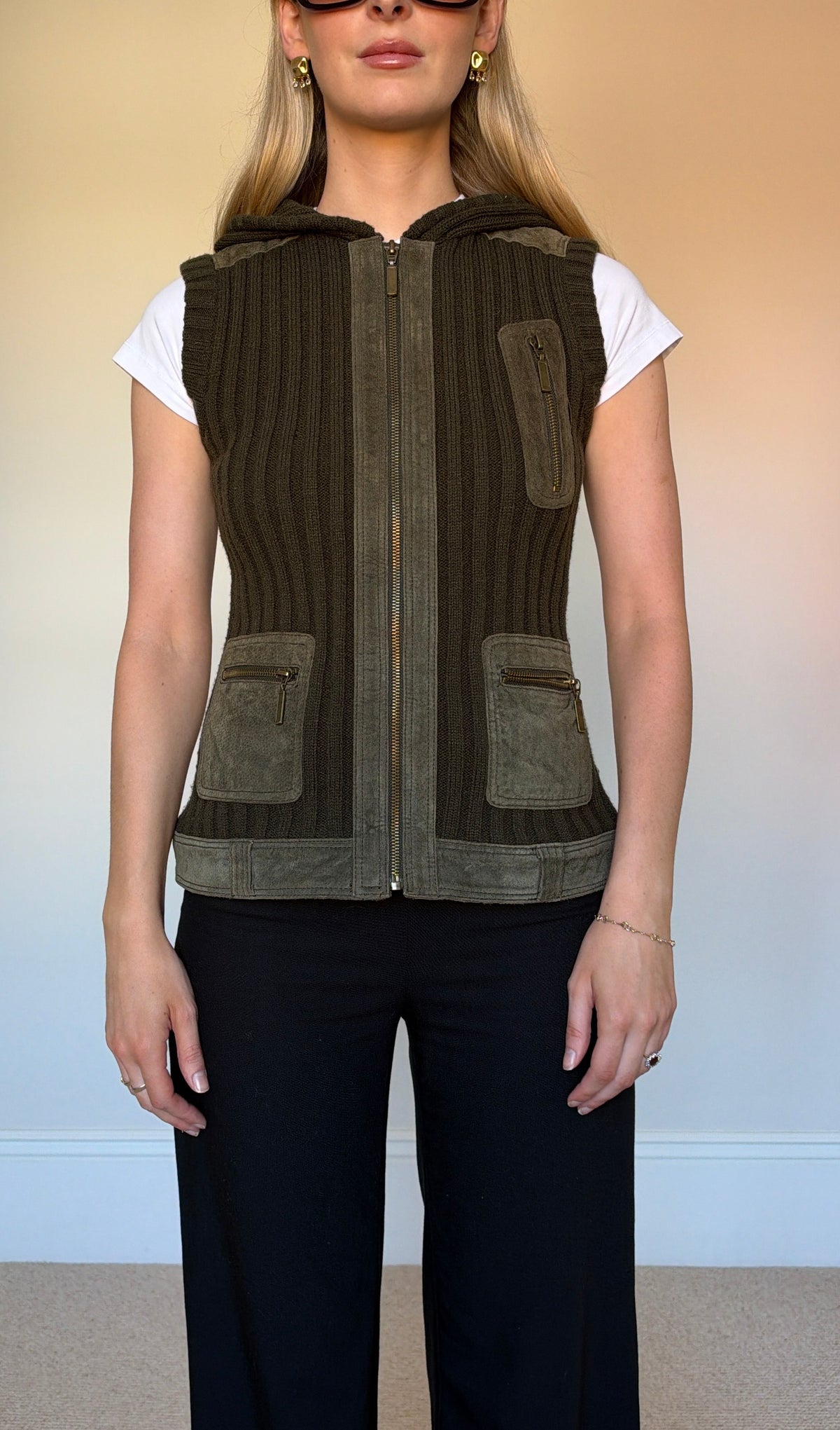 Vintage knit & suede sleeveless jumper