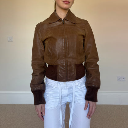 Brown leather bomber jacket