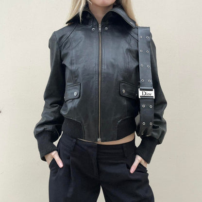 Vintage 00s black leather bomber jacket