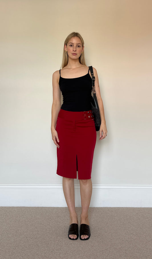 Vintage red buckle midi skirt
