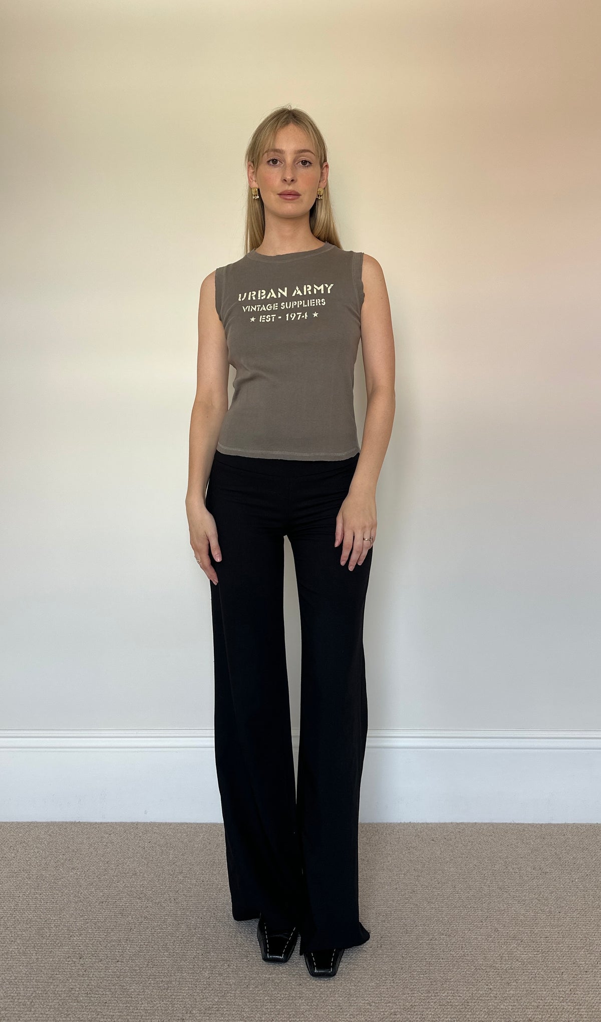 Vintage  Khaki Slogan Sleeveless Top