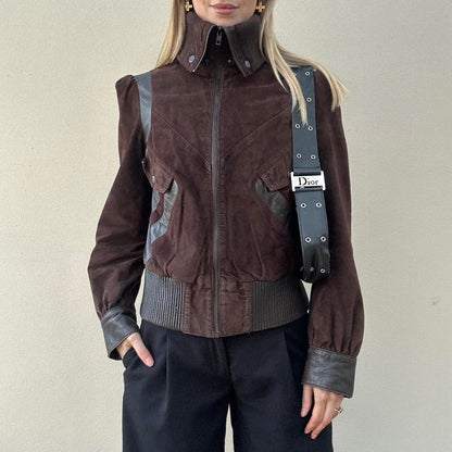 Vintage 00s brown suede & leather bomber